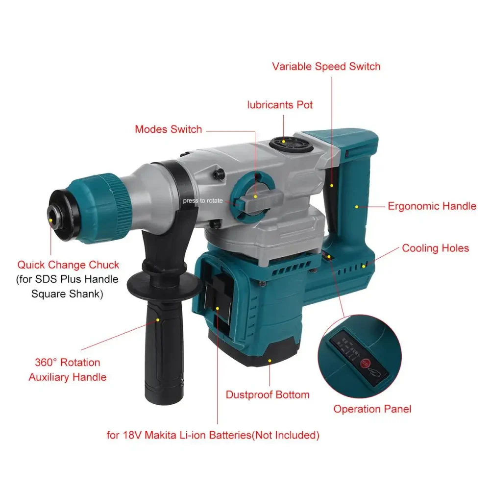 Drillpro 2-IN-1 Rechargeable Brushless Cordless Rotary Hammer Impact Drill Power Tool for 18V Mak Battery 4200RPM - Image 5
