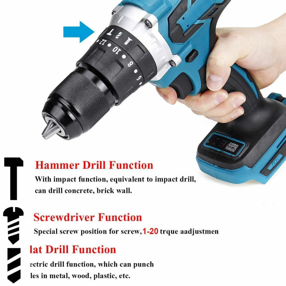 18V Brushless Electric Hammer Drill Electric Screwdriver 3 in 1 13mm 20+3 Torque Cordless Impact Drill for Makit 18V Battery - Image 3