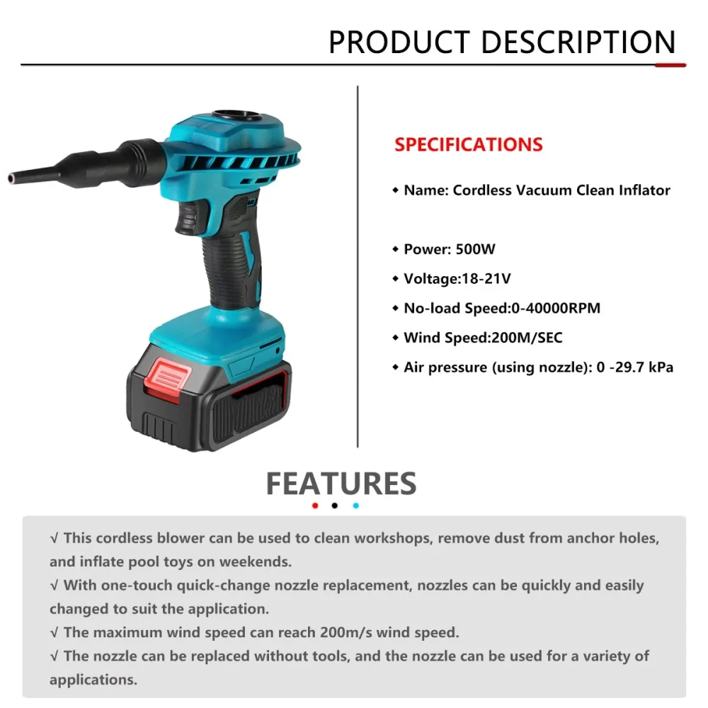 Wireless Cordless Air Blower Multifunction Rechargeable Inflator Vacuum Blower Air Dust Power Tools for Mak 18V Battery - Image 3