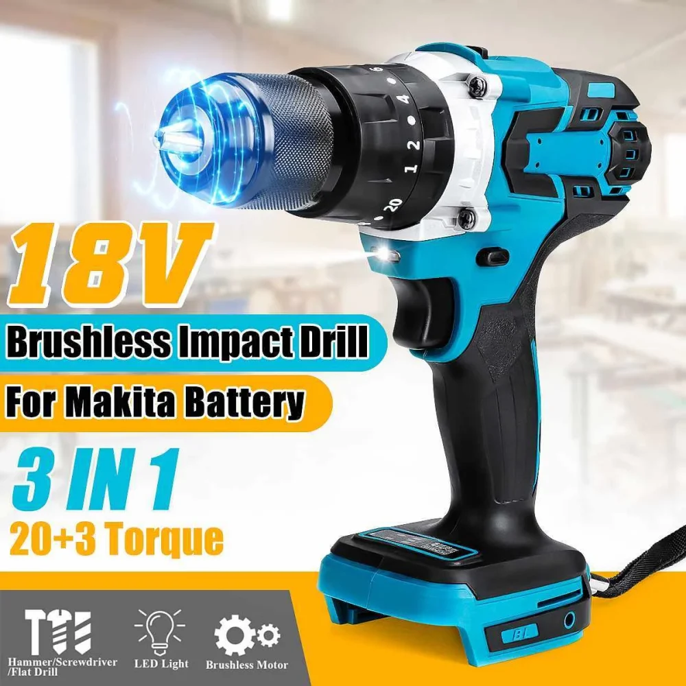 18V Brushless Electric Hammer Drill Electric Screwdriver 3 in 1 13mm 20+3 Torque Cordless Impact Drill for Makit 18V Battery - Image 2